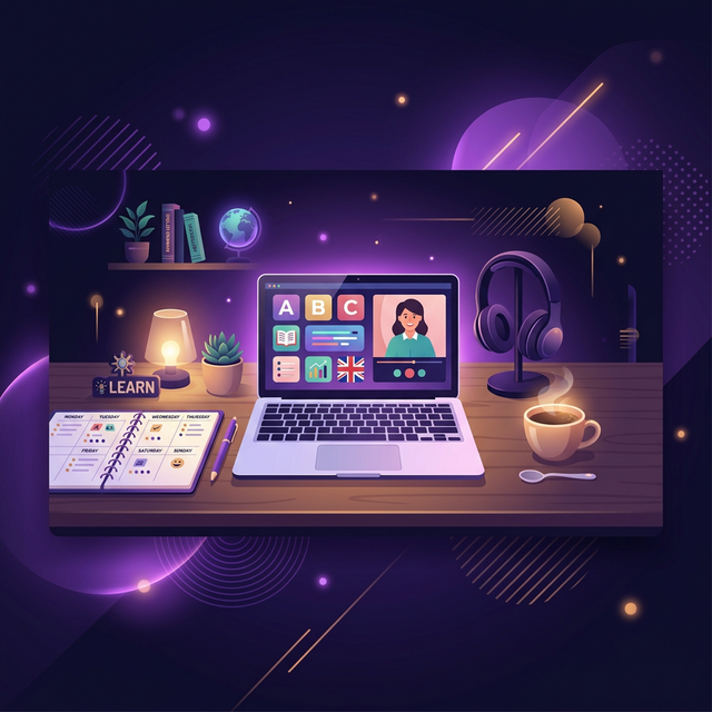 Online İngilizce çalışma planı ve haftalık program illüstrasyonu